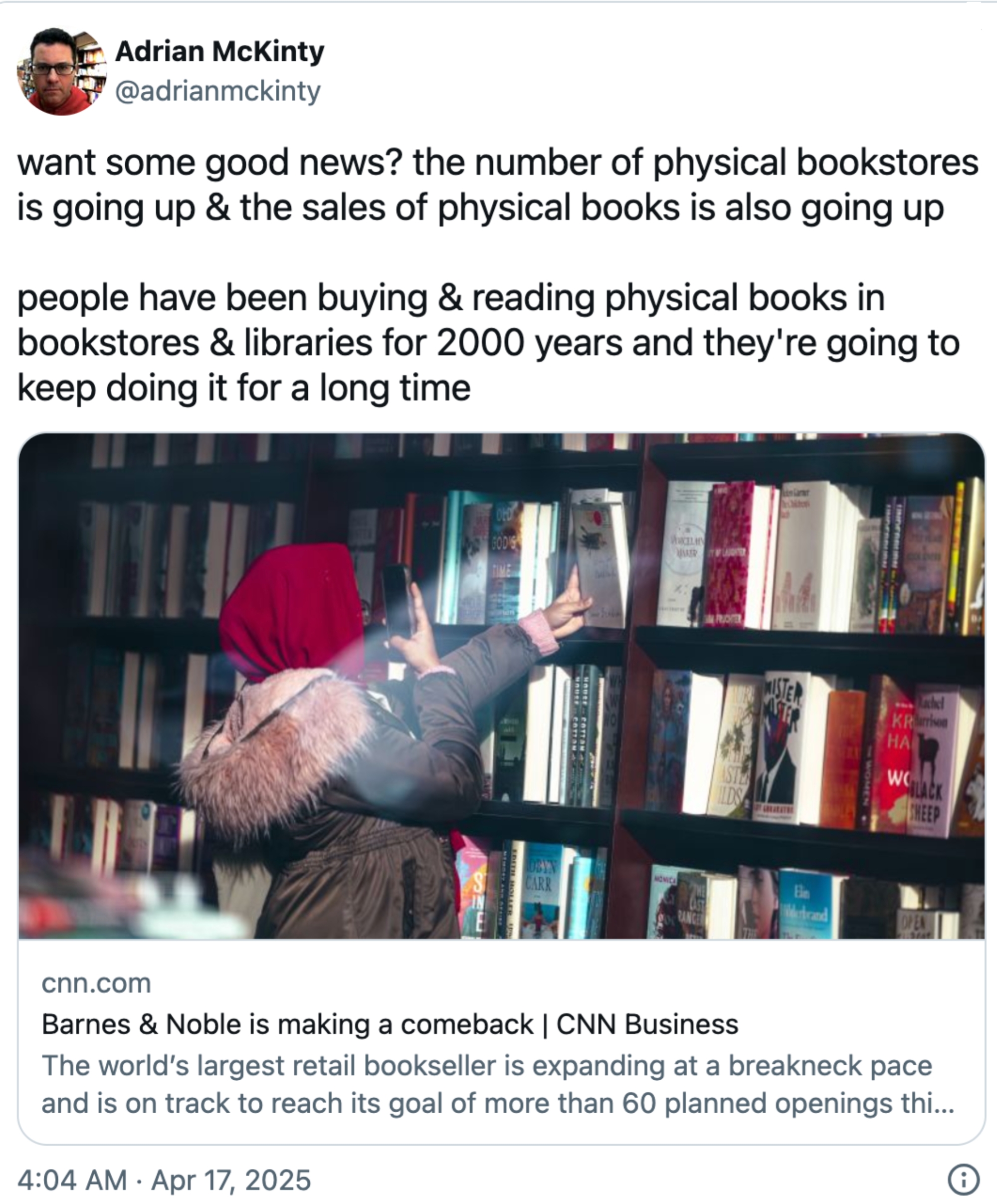 A person browsing bookshelves in a library. Text discusses the rise in physical bookstores and book sales