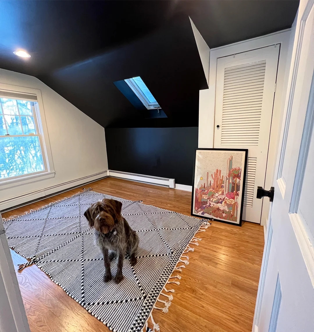 A small room with slanted ceilings has a dog sitting on a patterned rug. A framed art piece leans against the wall beneath a skylight