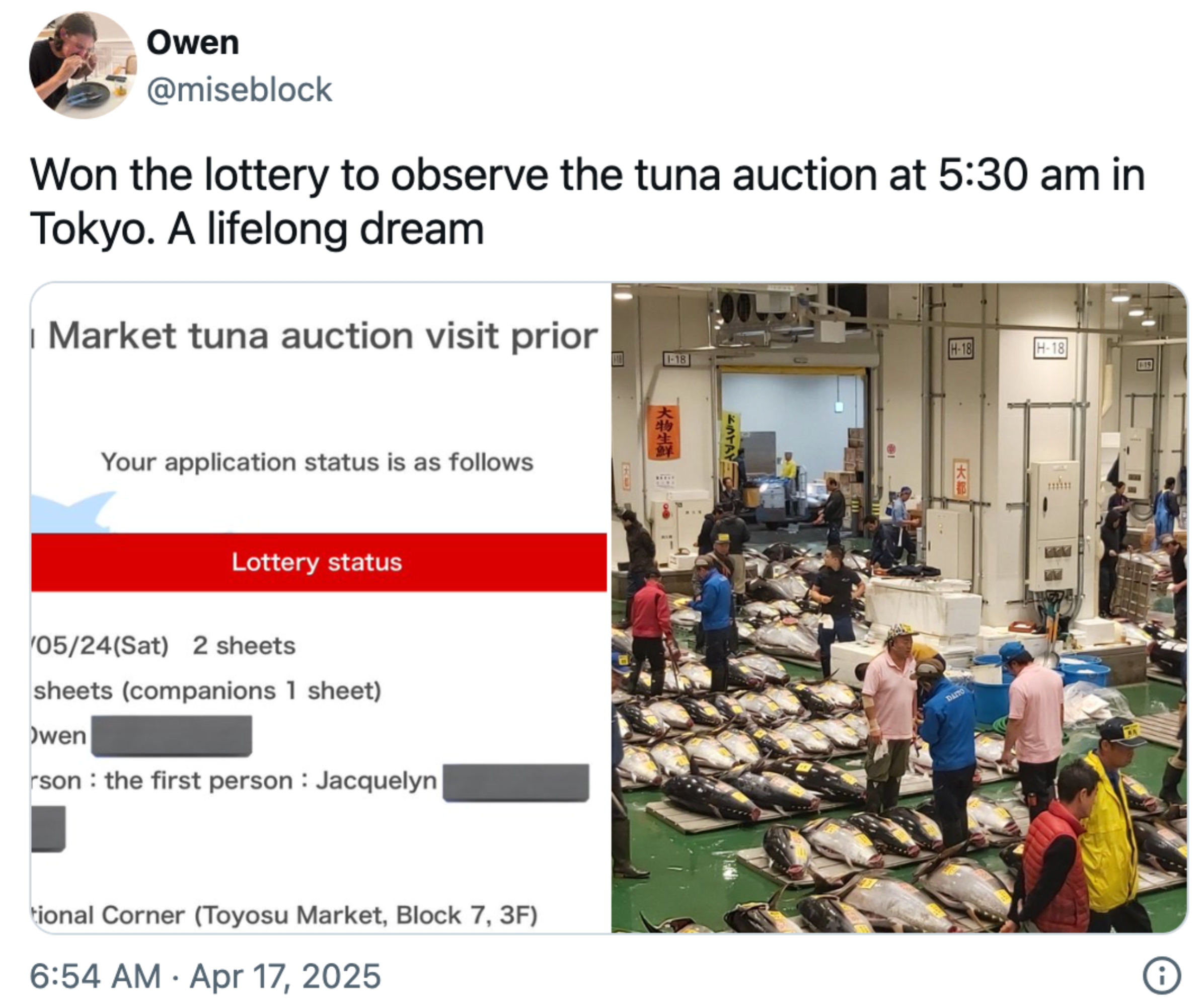 A person tweets about winning a lottery to observe a tuna auction in Tokyo, calling it a lifelong dream. Image shows auction with many large fish