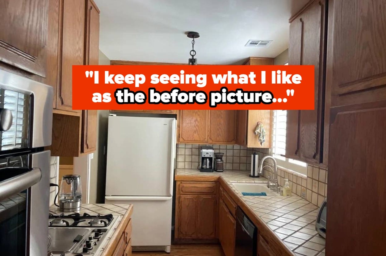 Small kitchen with wooden cabinets, white fridge, and an oven. Text overlay reads: "I keep seeing what I like as the before picture..."