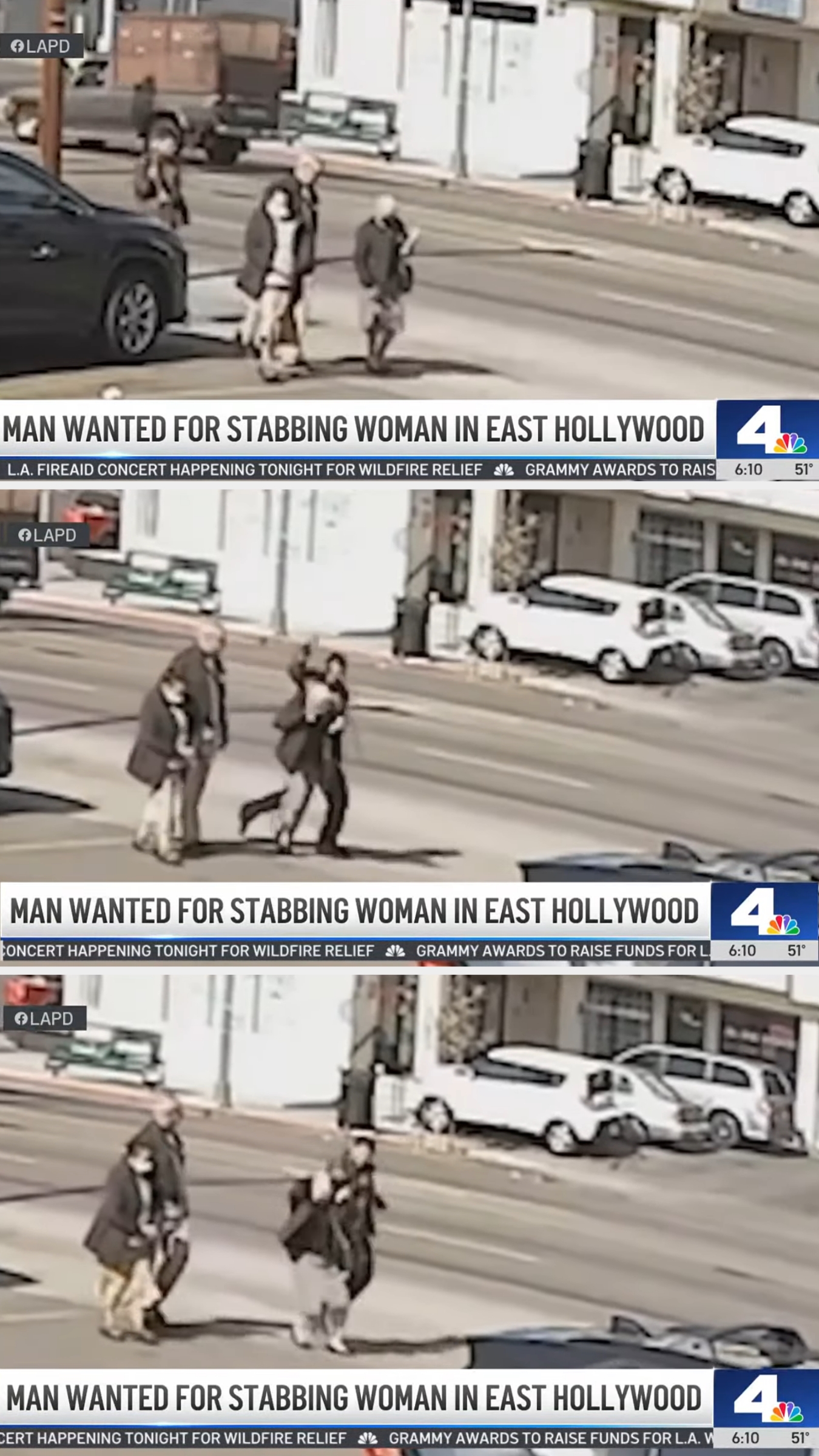 News broadcast showing security footage of a man walking in East Hollywood; headline reads, "Man wanted for stabbing woman in East Hollywood."