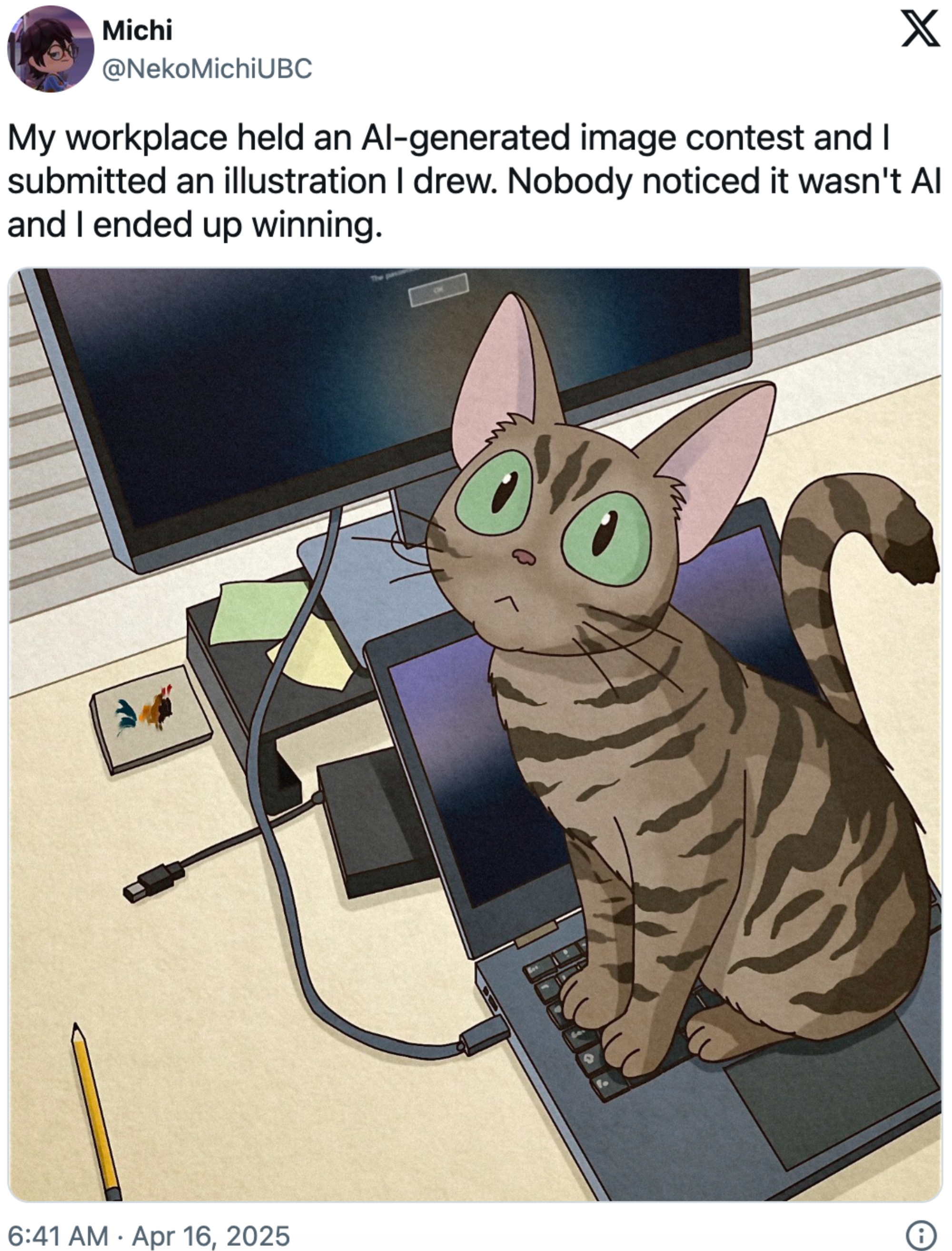 Cartoon cat sitting on a laptop, beside a sketchpad and pen. A tweet above it describes winning a contest with a hand-drawn image mistaken for AI