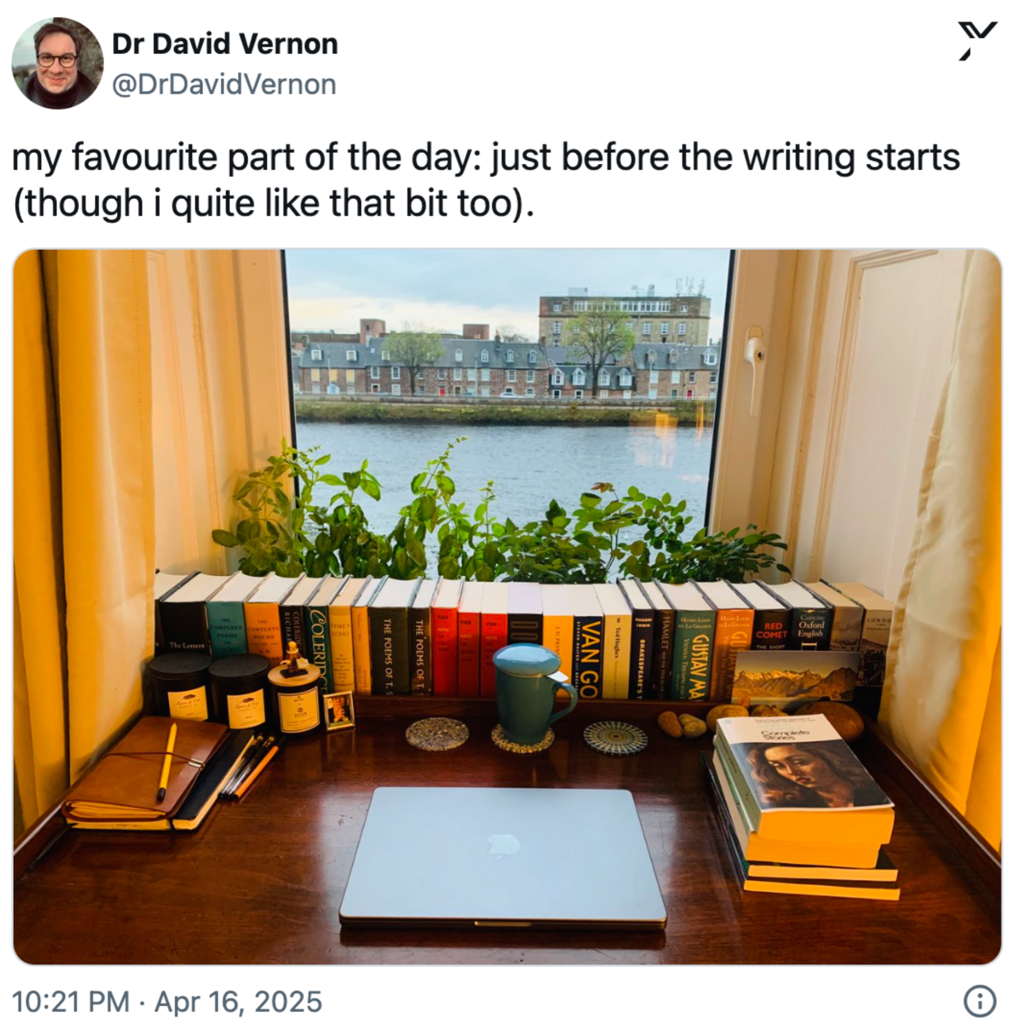 A cozy workspace with a laptop, books, and plants on a window sill overlooking a river