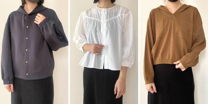 3人の女性がそれぞれ異なるデザインのトップスを着てポーズ。左からフード付きジャケット、白いブラウス、フード付きセーター。
