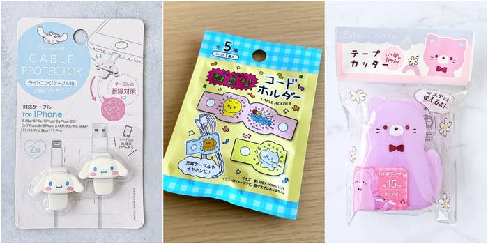 iPhone用ケーブルプロテクター、動物デザインのコードホルダー、ピンクの動物型テープカッターのパッケージ。