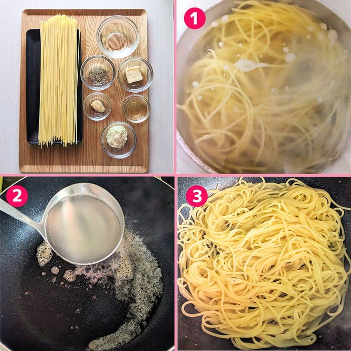 スパゲッティ調理手順。ゆでる、パスタ水を加える、パスタを準備する。