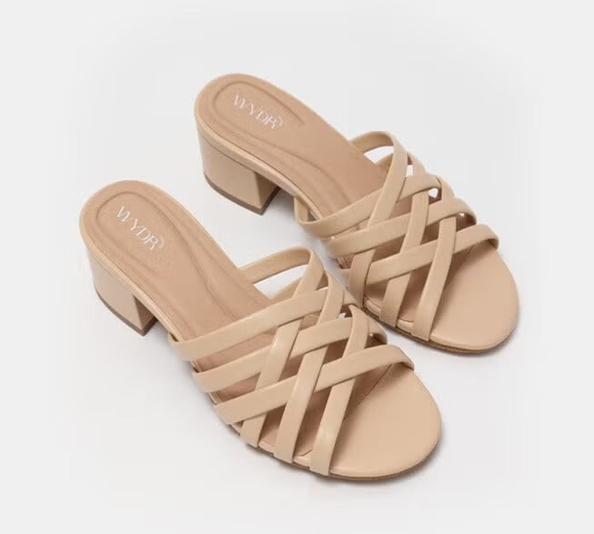 Tan strappy block-heeled sandals by MYYDR, suitable for casual or dressy outfits