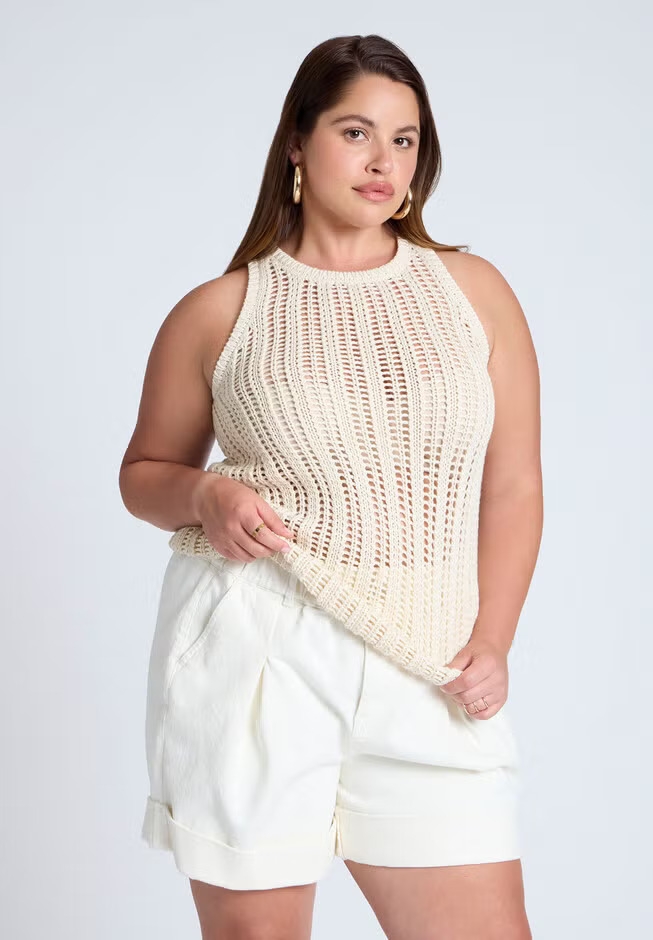 Model wearing the buttercream top