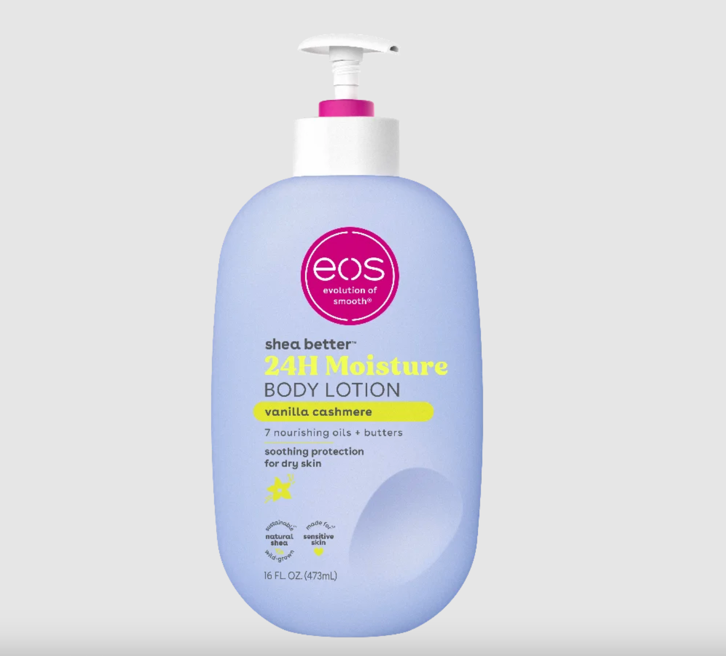 EOS Vanilla Cashmere Body Lotion Bottle dengan atasan pompa, menampilkan manfaat kelembaban 24 jam dan perlindungan yang menenangkan untuk kulit kering