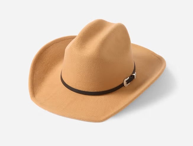 Tan cowboy hat with a black band and a silver buckle, displayed on a white background. Ideal for Western-themed fashion shopping articles