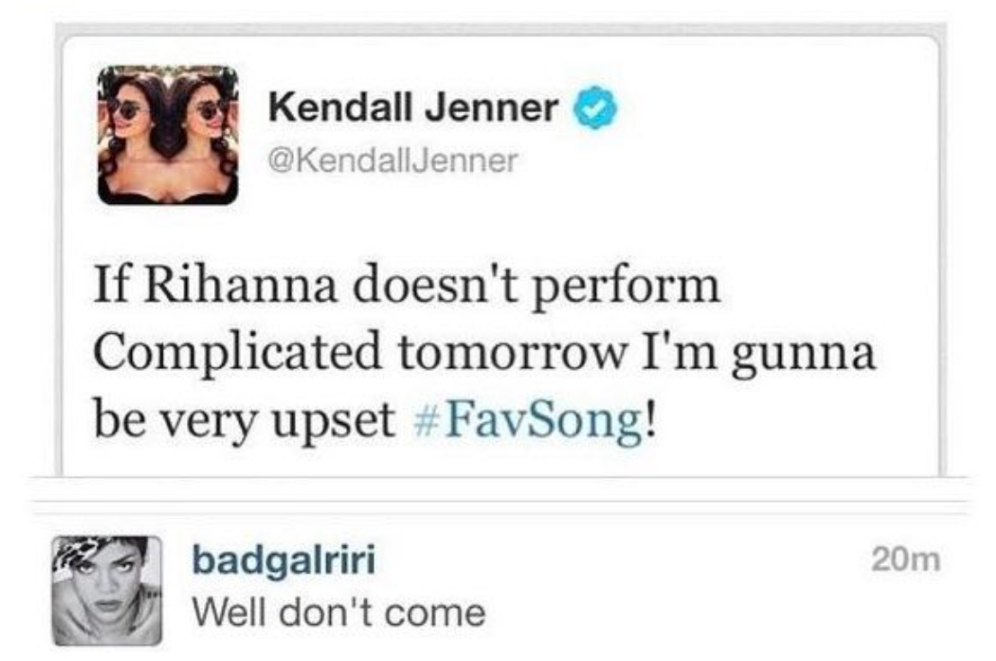 Tweet exchange where a user expresses disappointment if a song isn't performed, and a second user responds humorously, suggesting they not attend