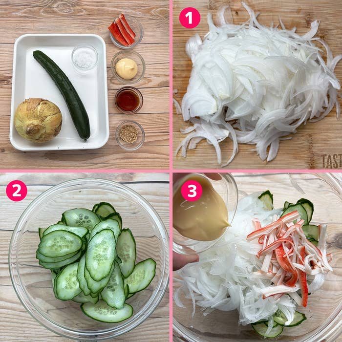4コマ画像:玉ねぎときゅうりのサラダを作る手順。スライス、材料をボウルに入れ、ドレッシングをかける。
