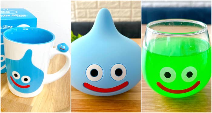ドラゴンクエストのスライムをモチーフにしたマグカップ、ティーポット、グラスが並んでいる。