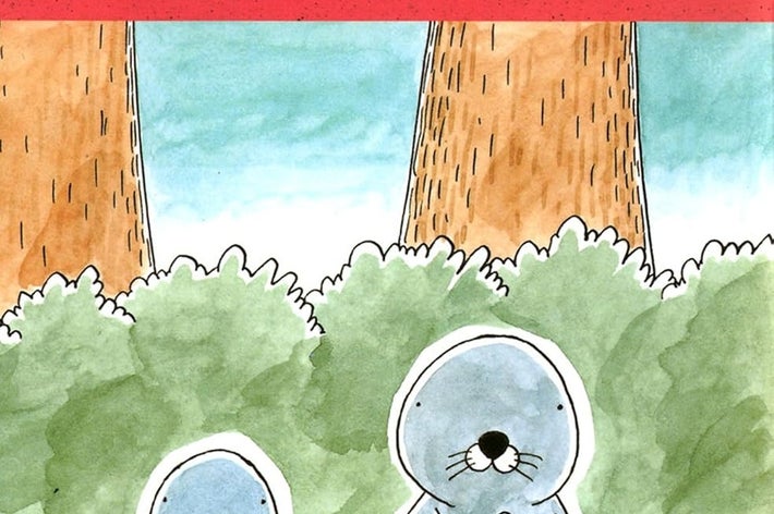 イラストの表紙: 木のそばで座る、小さなシールと大きなシールが食べ物を持っている。タイトルは「ぼのぼの」。