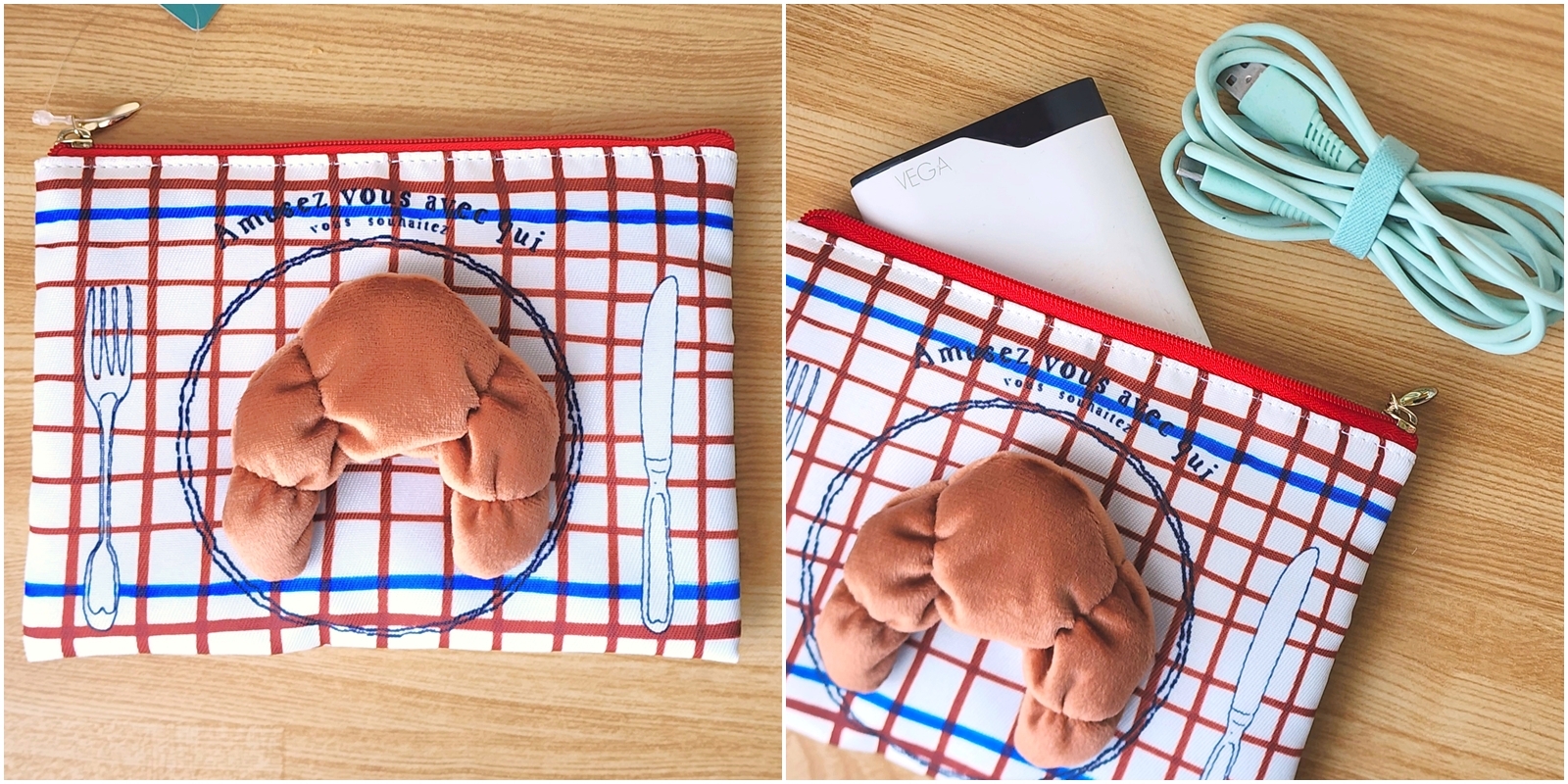 カニが描かれたチェック柄のポーチ。内部にはケーブルとカードが収納されています。