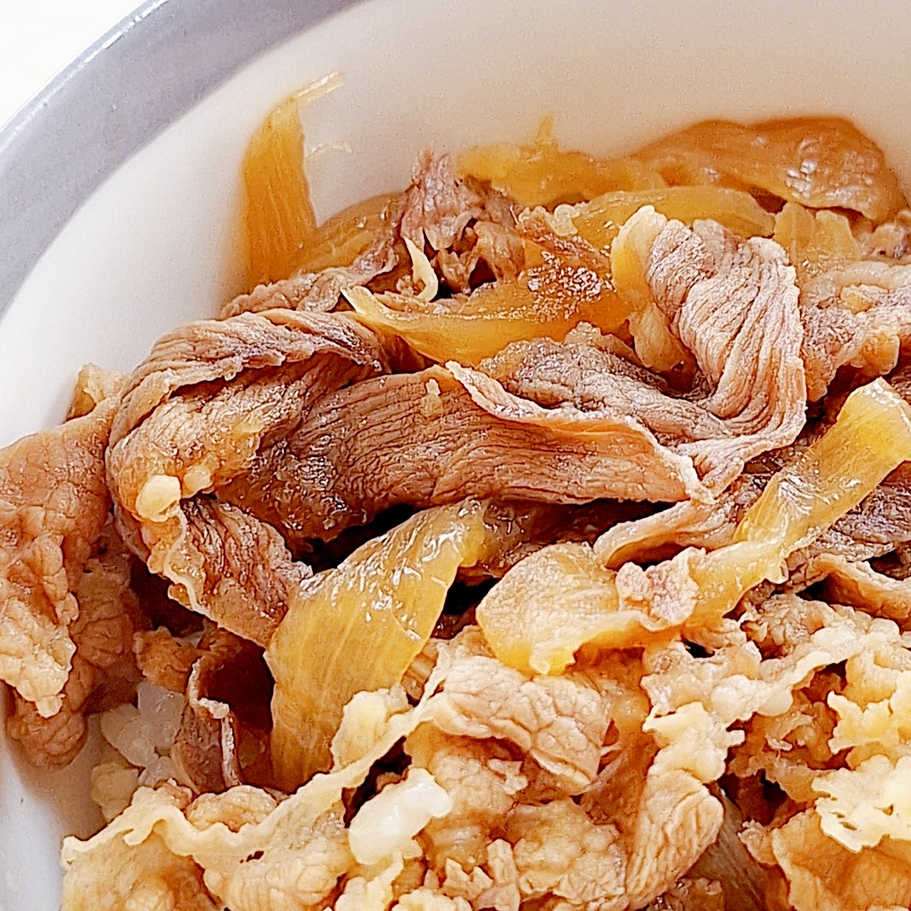 牛丼のクローズアップ。薄切り牛肉と玉ねぎ、ご飯の上に載せられている。