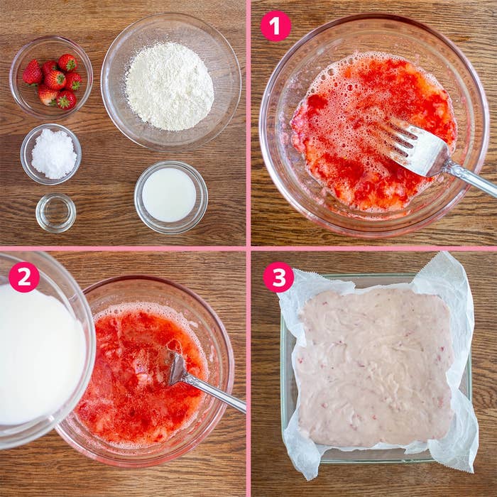 ステップ1から3の苺と材料を使ったデザートの作り方。混ぜた後、型に入れて準備完了。