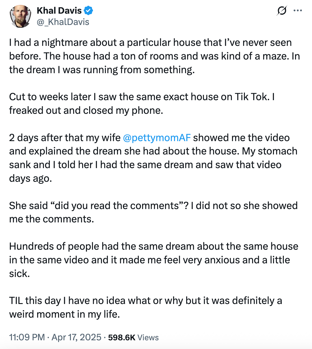 Summary of tweet: The author had a recurring nightmare about the same house. Later, they found a post on TikTok about it, and many others shared the same experience