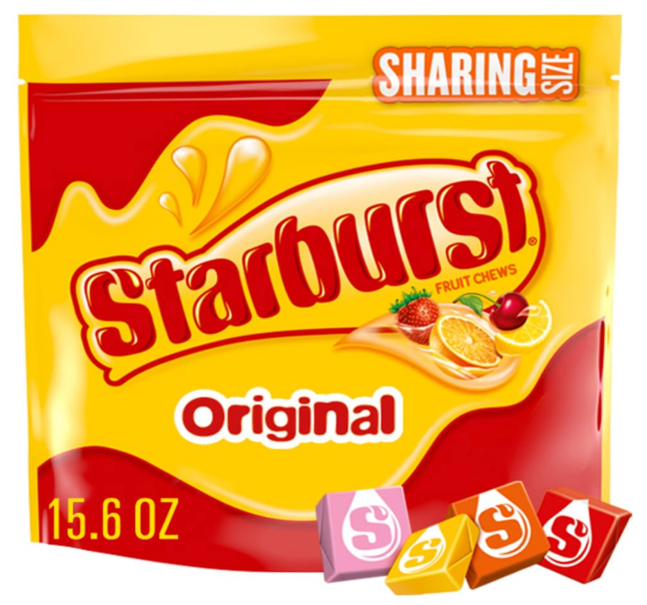 Starburst Original sharing size bag displaying fruit chew candies and fruit imagery on the packaging