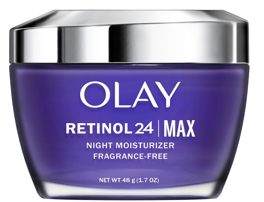 Olay Retinol 24 Max night moisturizer jar labeled fragrance-free, 48g