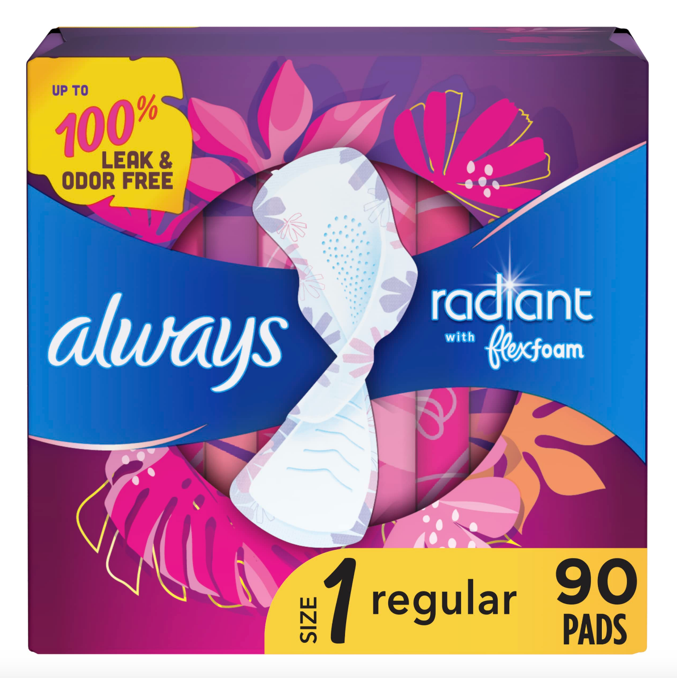 Always Radiant FlexFoam pads package featuring bold floral designs, advertising 100% leak and odor free protection, size 1 regular, 90 pads