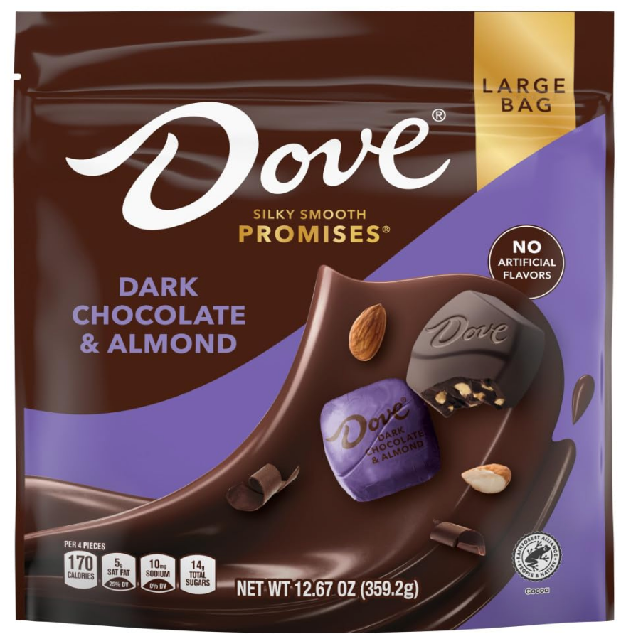 Dove Dark Chocolate & Almond bag, featuring individual chocolates, almond imagery, and no artificial flavors highlighted on the packaging