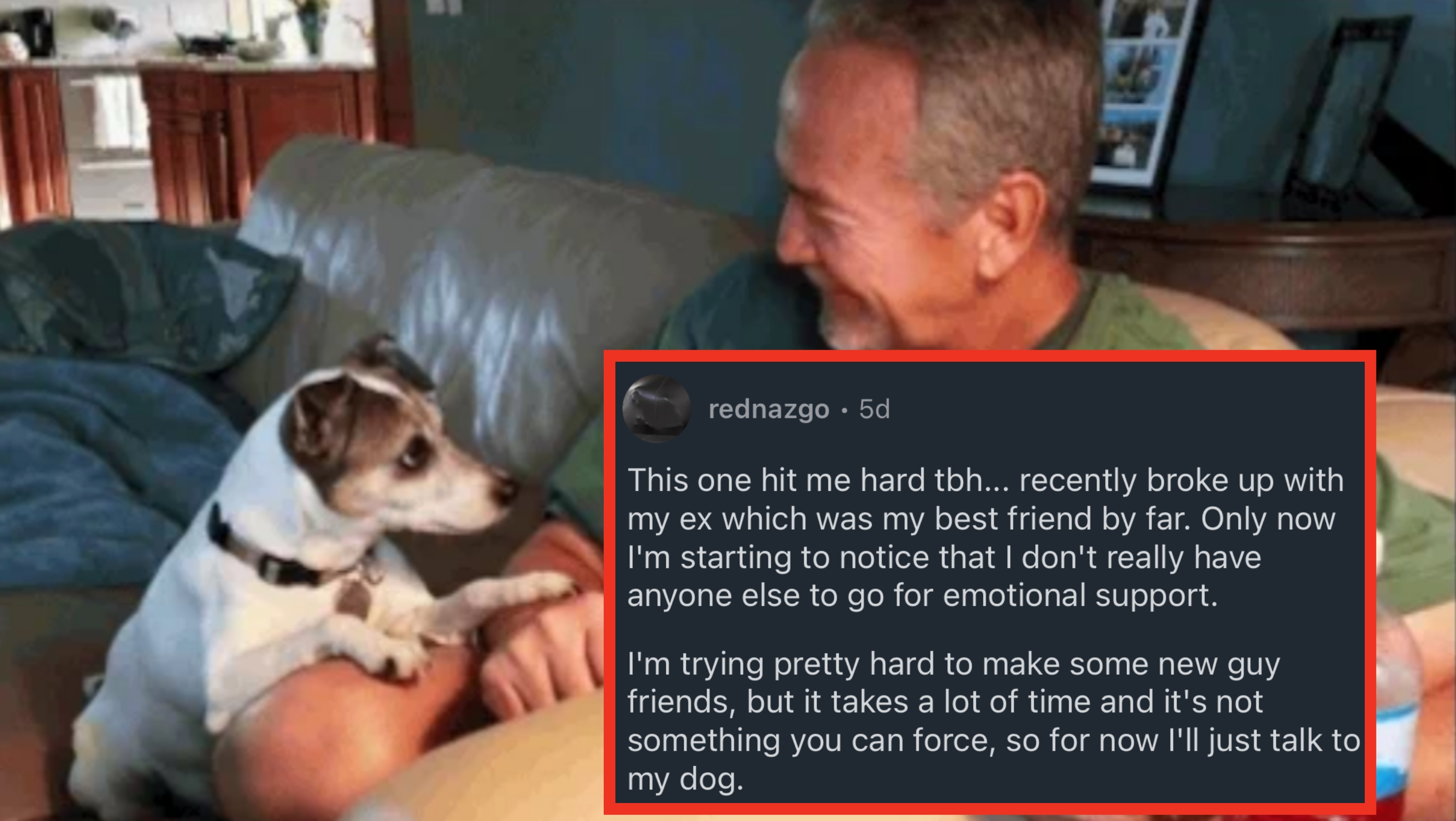 A man sitting on a couch smiles at a small dog sitting beside him, both eyeing a plate with steak in the man's hand