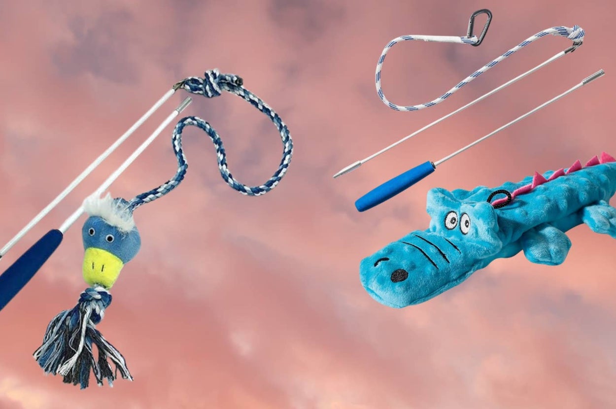 Pet toys displayed against a sky background with the text: "Your hands, feet and brain will thank you."
