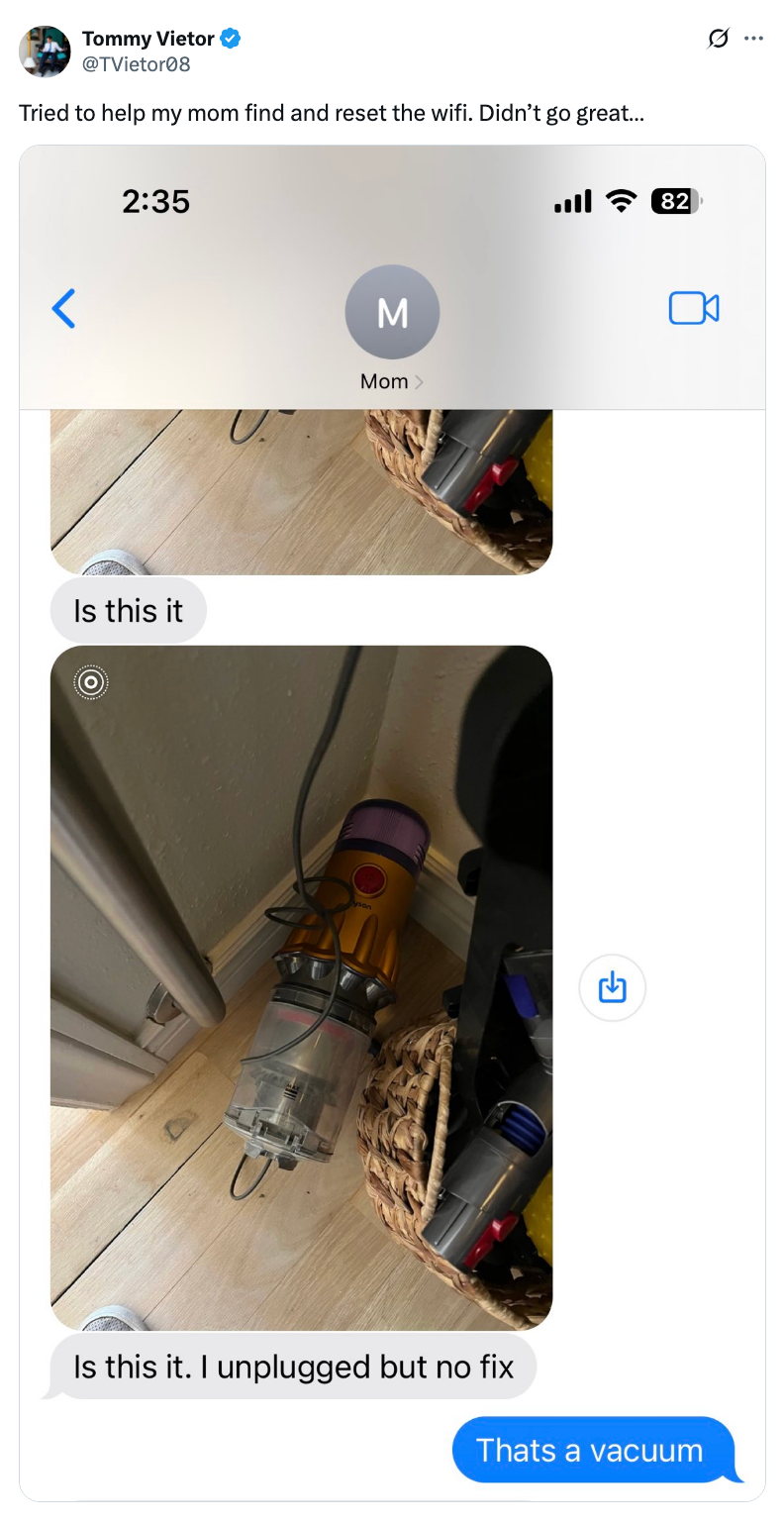 Text conversation showing photos of a vacuum mistaken for a Wi-Fi router when attempting to reset internet