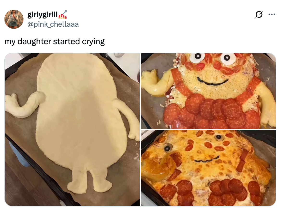 Three homemade pizzas shaped like characters with smiling faces, one incomplete, causing a child's emotional reaction