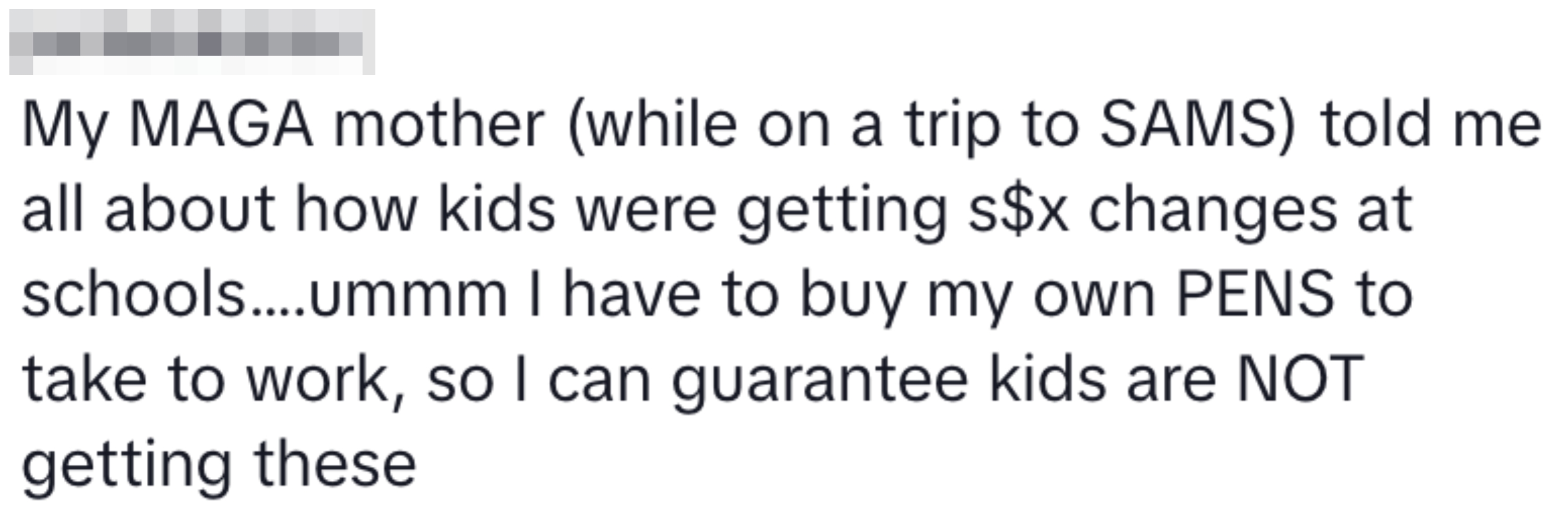 Text summarizes a conversation about rumors of gender changes in schools, contrasting with the cost of personal work supplies like pens