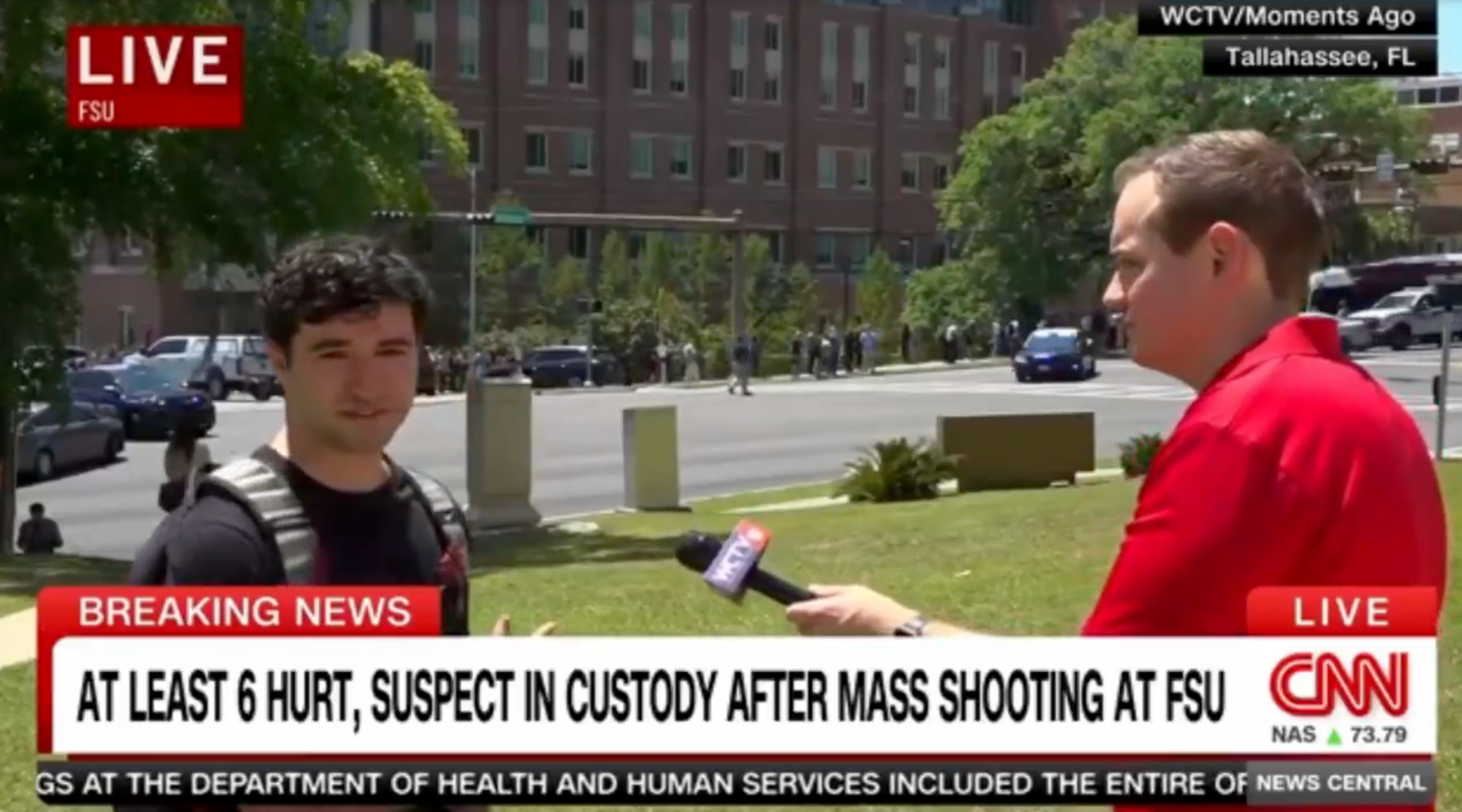 News reporter interviews a student on campus about a mass shooting at FSU, with details: 6 hurt, suspect in custody