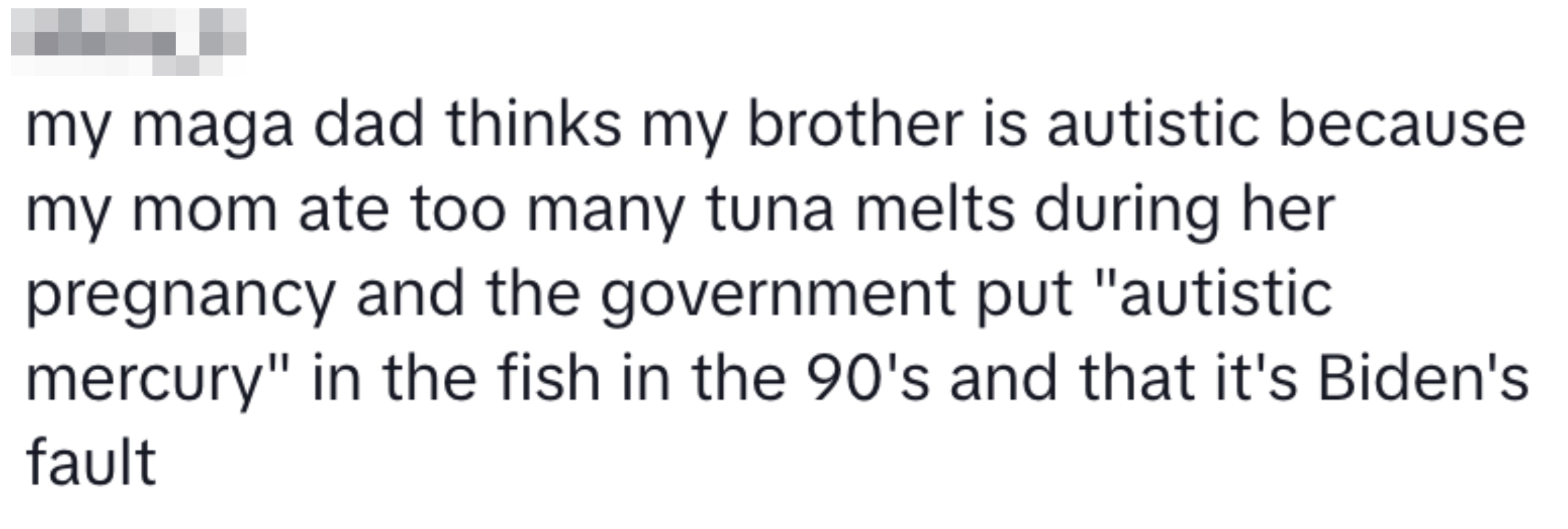 Text from a humorous internet post discussing a conspiracy theory linking tuna melts, mercury, and politics to autism