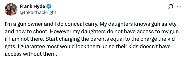 Twitter post by Frank Hyde discussing gun ownership, emphasizing gun safety and parental responsibility for securing firearms from children