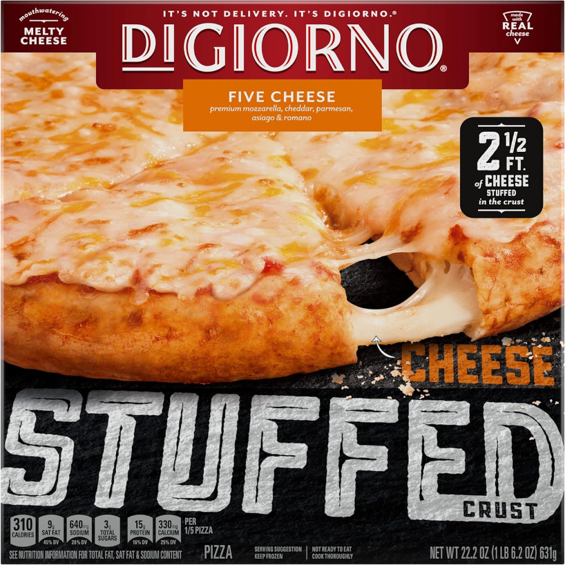 DiGiorno Five Cheese Stuffed Crust Pizza box shows a close-up of cheesy pizza with text highlighting 2 1/2 feet of cheese baked into the crust