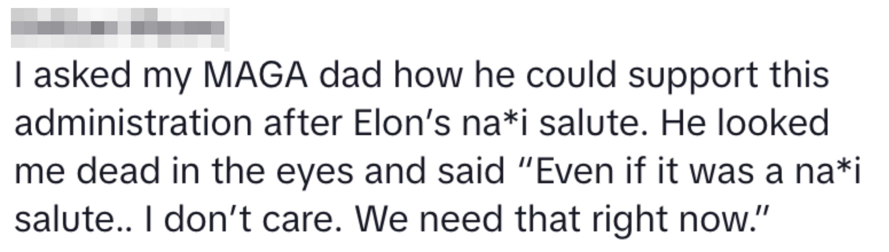 Text message discussing a MAGA supporter expressing indifference towards Elon Musk's controversial salute, emphasizing need despite its nature