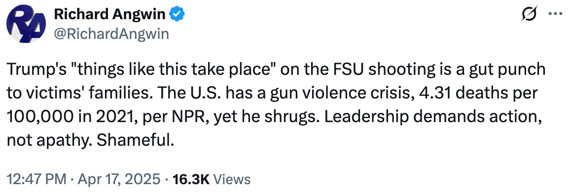 Tweet criticizing Trump's response to the FSU shooting as dismissive, highlighting US gun violence statistics and calling for actionable leadership