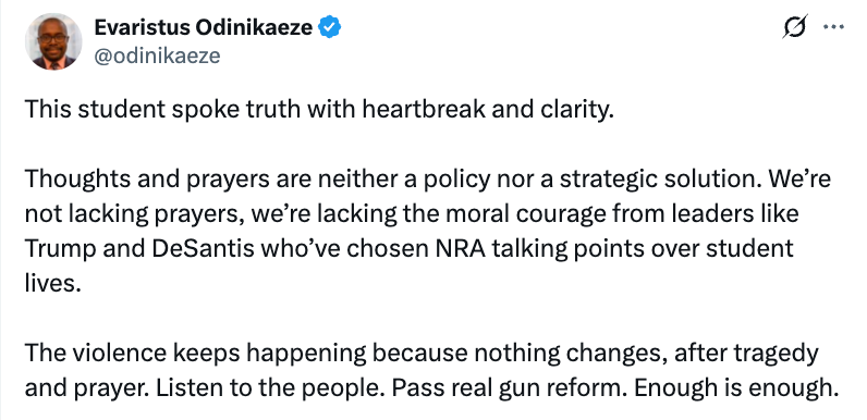 Tweet by Evaristus Odiniakeze: Critiques lack of gun reform, advocating for real change over thoughts and prayers, and condemning reliance on NRA talking points