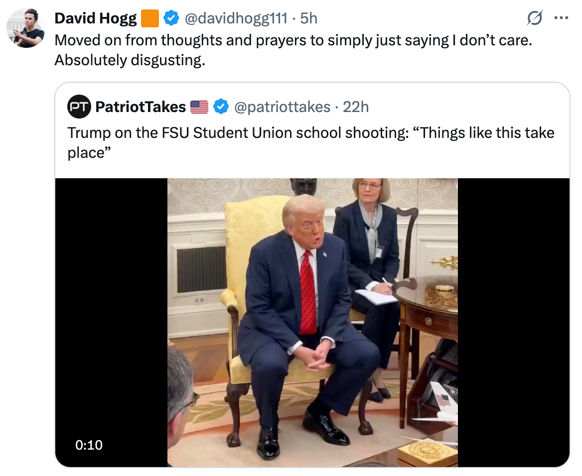 Image shows a tweet by David Hogg responding to a clip of Trump commenting on a school shooting, calling the response disgraceful