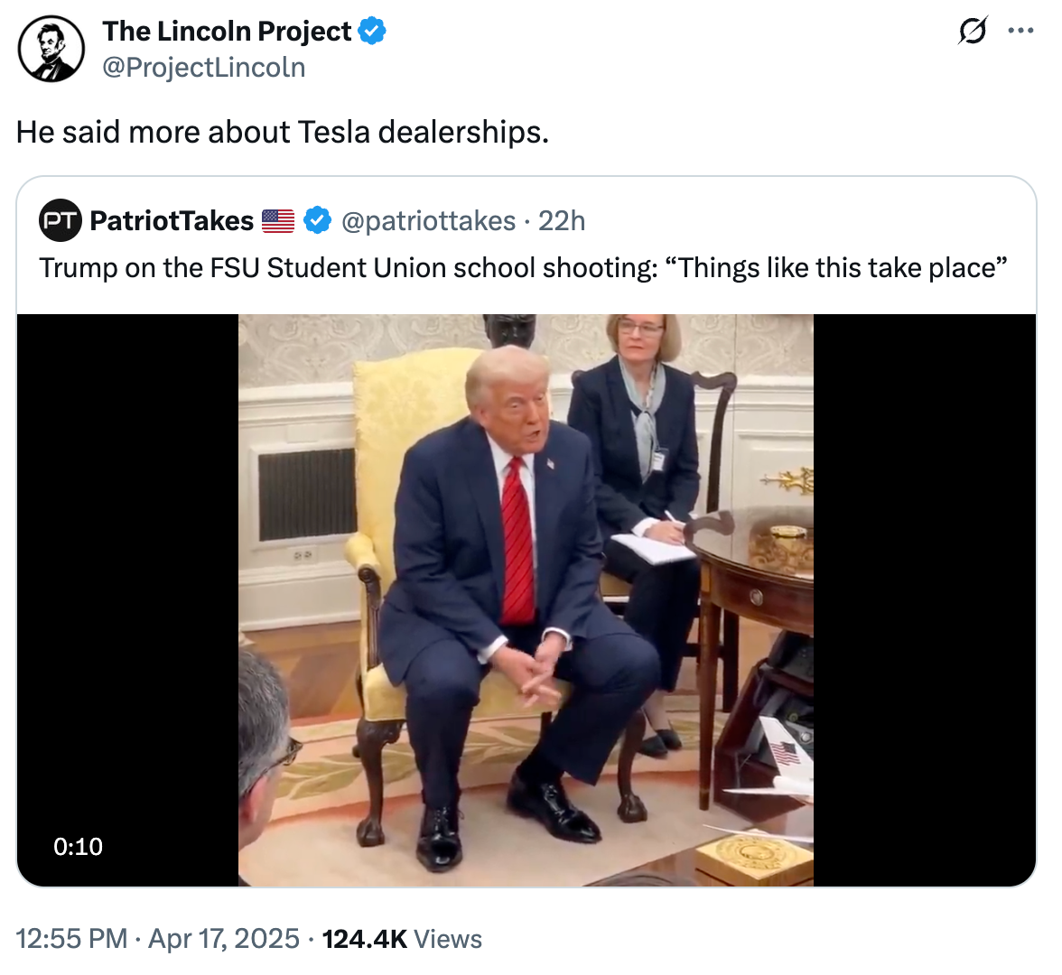 Tweet about Tesla dealerships. Includes a video caption: Trump's comment on FSU Student Union shooting - "Things like this take place"
