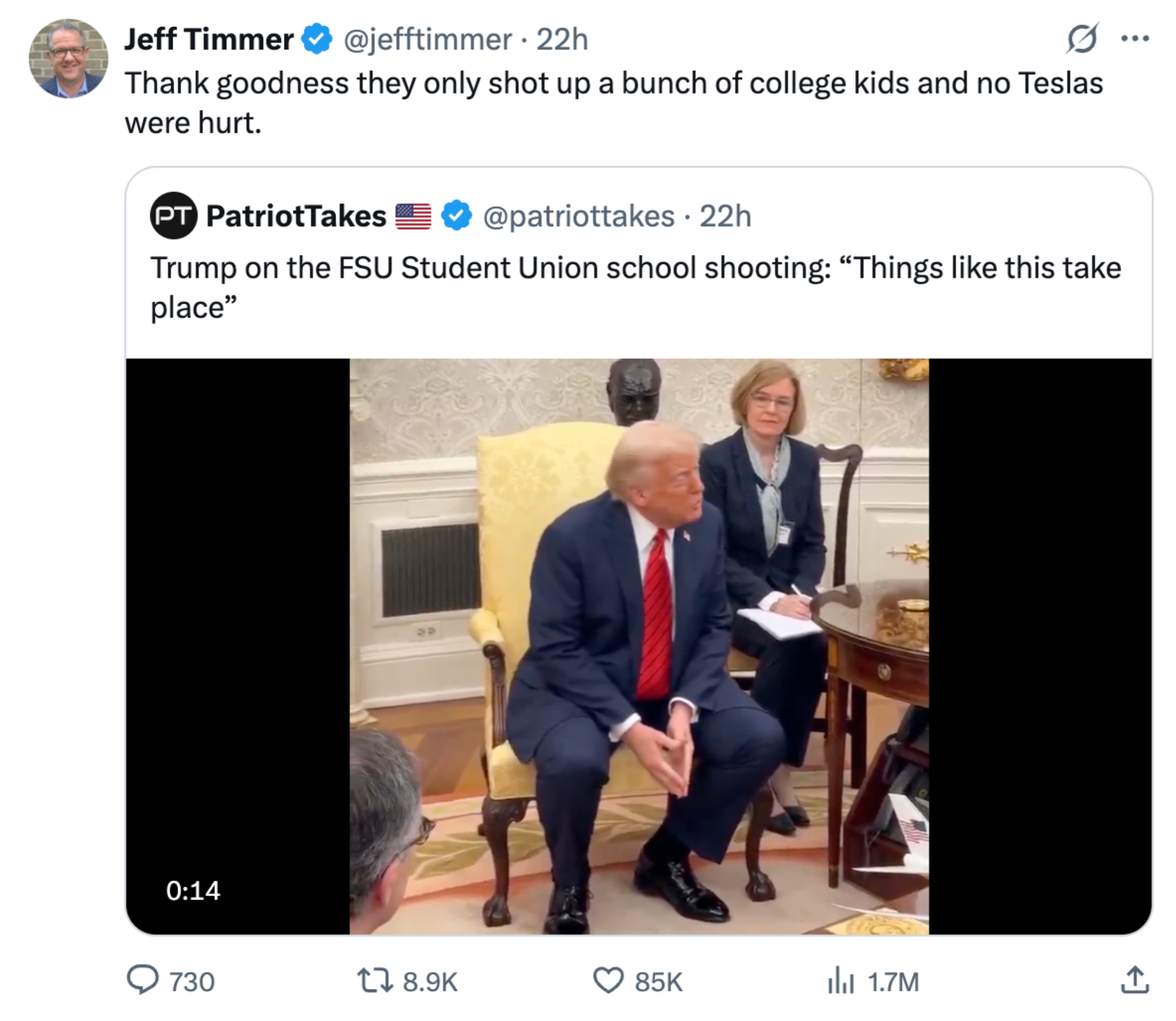 Tweet by Jeff Timmer comments on a video about Trump's response to the FSU school shooting, noting no Teslas were hurt