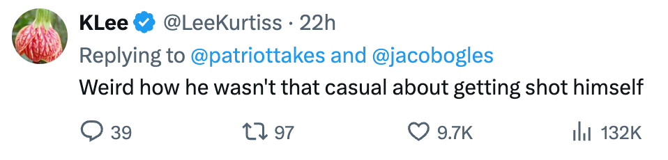 Social media reply reads: "Weird how he wasn't that casual about getting shot himself," with engagement metrics below