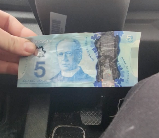 A person is attempting to tear a Canadian five-dollar bill in a car, highlighting its durability