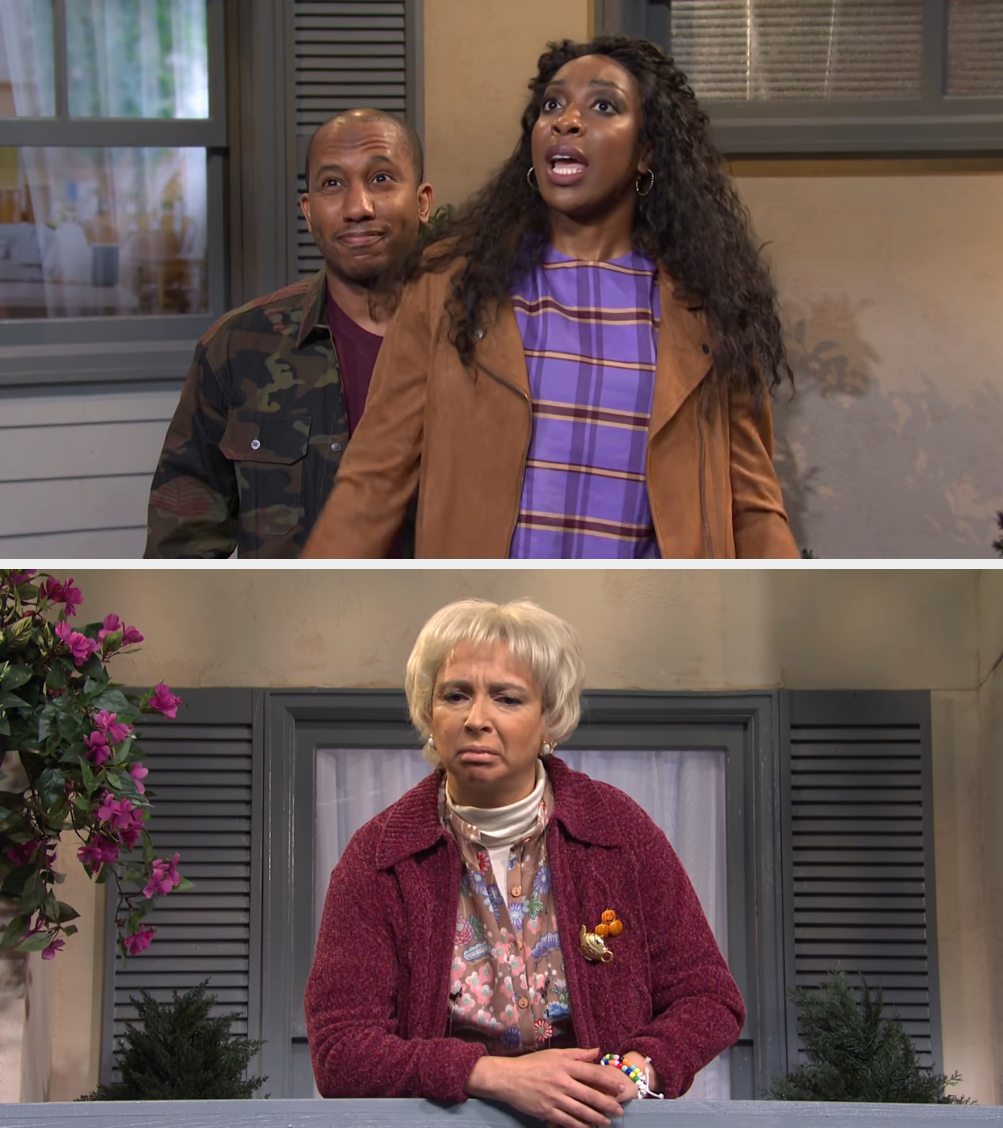 A surprised woman in a checkered dress and coat stands in front of a smiling man wearing a camo jacket, both outdoors near a window