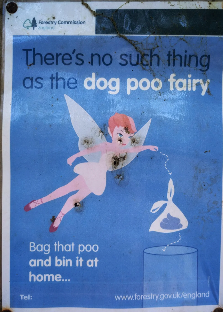 Sign with a fairy instructs to bag and bin dog waste, emphasizing responsible pet ownership