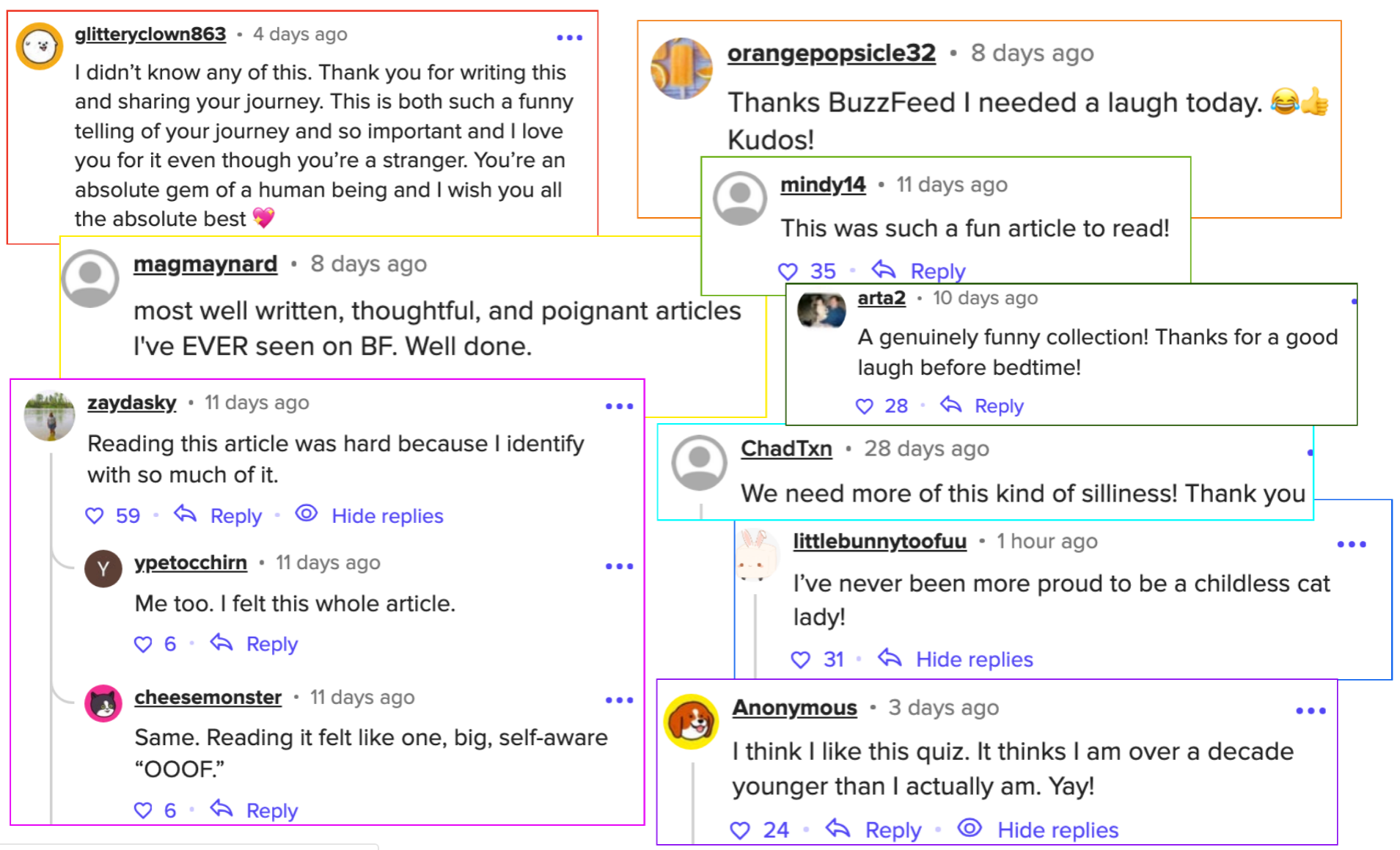 Summary of comments: Users express gratitude and enjoyment for a BuzzFeed article, praising its humor, relatability, and insightful writing