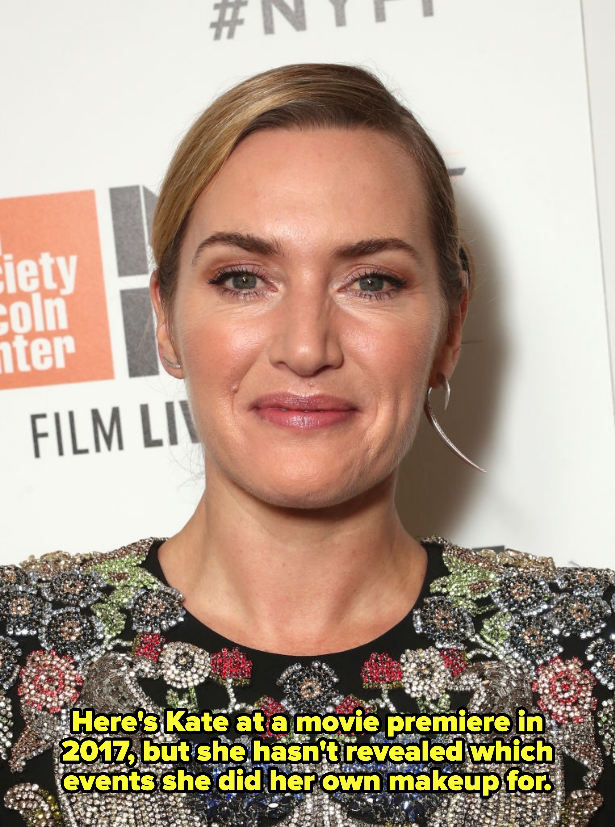 Kate with soft, natural makeup; caption "Here's Kate at a movie premiere in 2017, but she hasn't revealed which events she did her own makeup for"