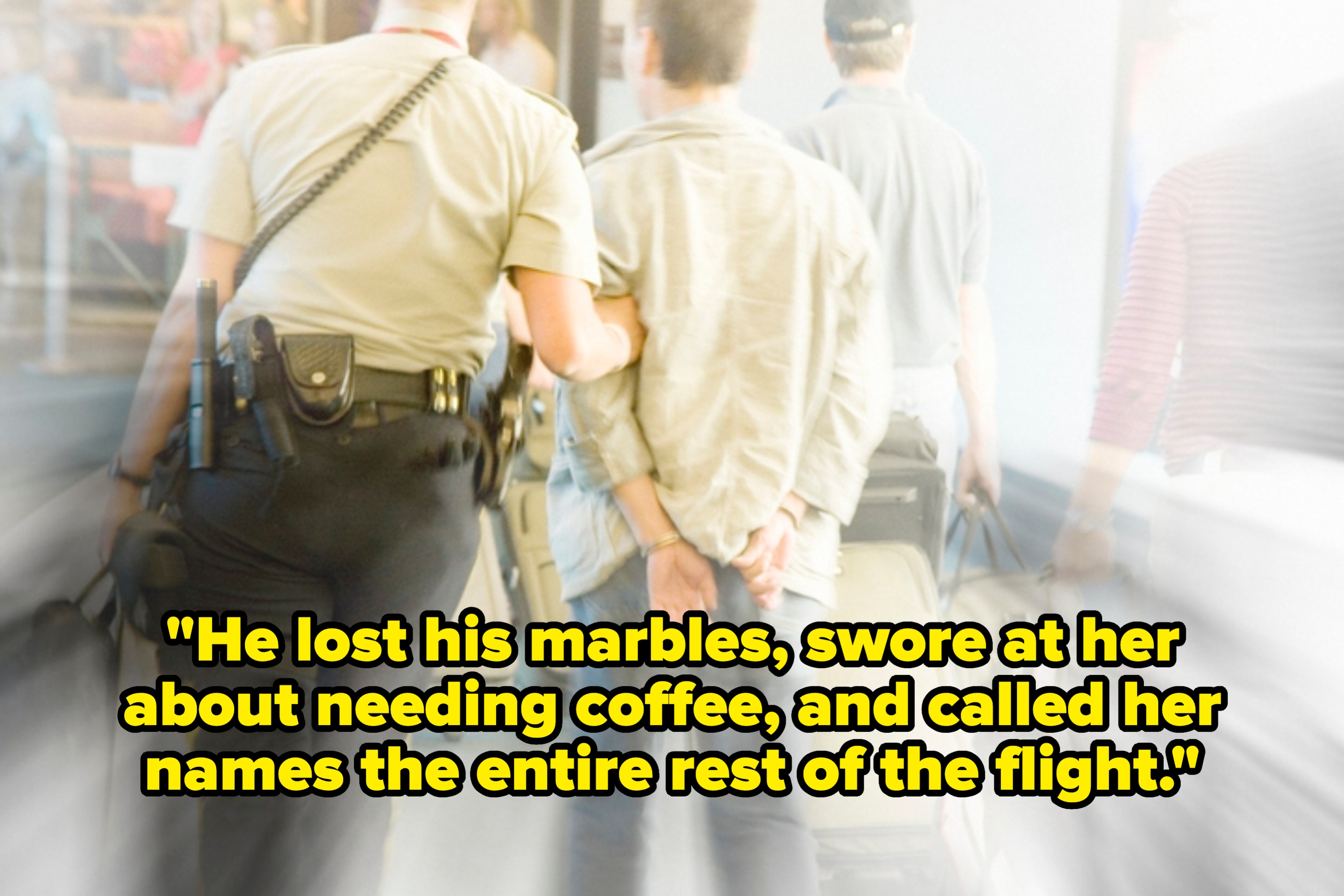 A person in handcuffs is escorted by a security officer in an airport setting; other travelers walk ahead