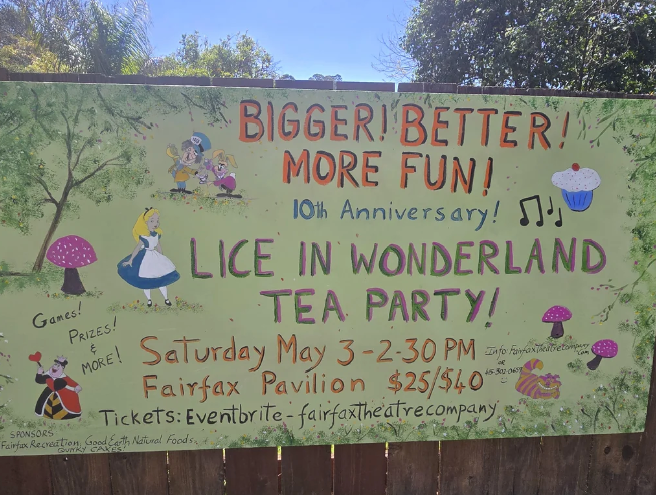 Sign for "Lice in Wonderland Tea Party" 10th Anniversary, May 3, 2-3:30 PM, Fairfax Pavilion, $25/$40 tickets on Eventbrite