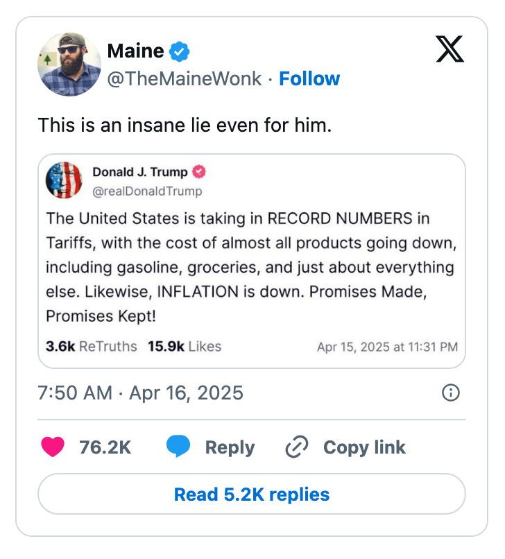 A social media post showing a tweet claiming the US is taking in record tariffs, inflating prices. The post has many likes and comments